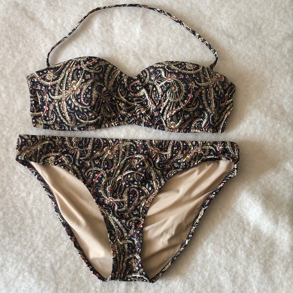 J. Crew Two-Piece Paisley Print Bikini Set Black with Gold & Pink Accents Medium